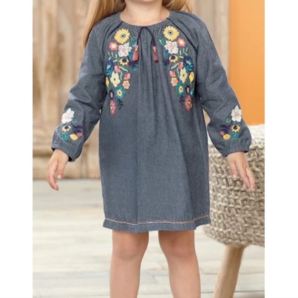Mud Pie Chambray Floral Embroidered Dress | Size 3T